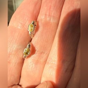 Hexagonal 14k white gold Huggie Earrings with Yellow Diamonds